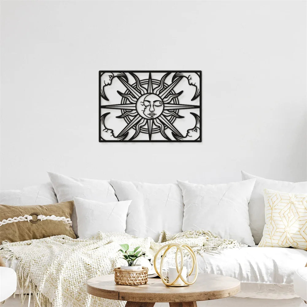 Moon Sun Black Metal Wall Art 3D Sculptured Iron Craft Wall Plaques For Living Room Dining Room Bedroom Modern Creative Inspirational Home Decor