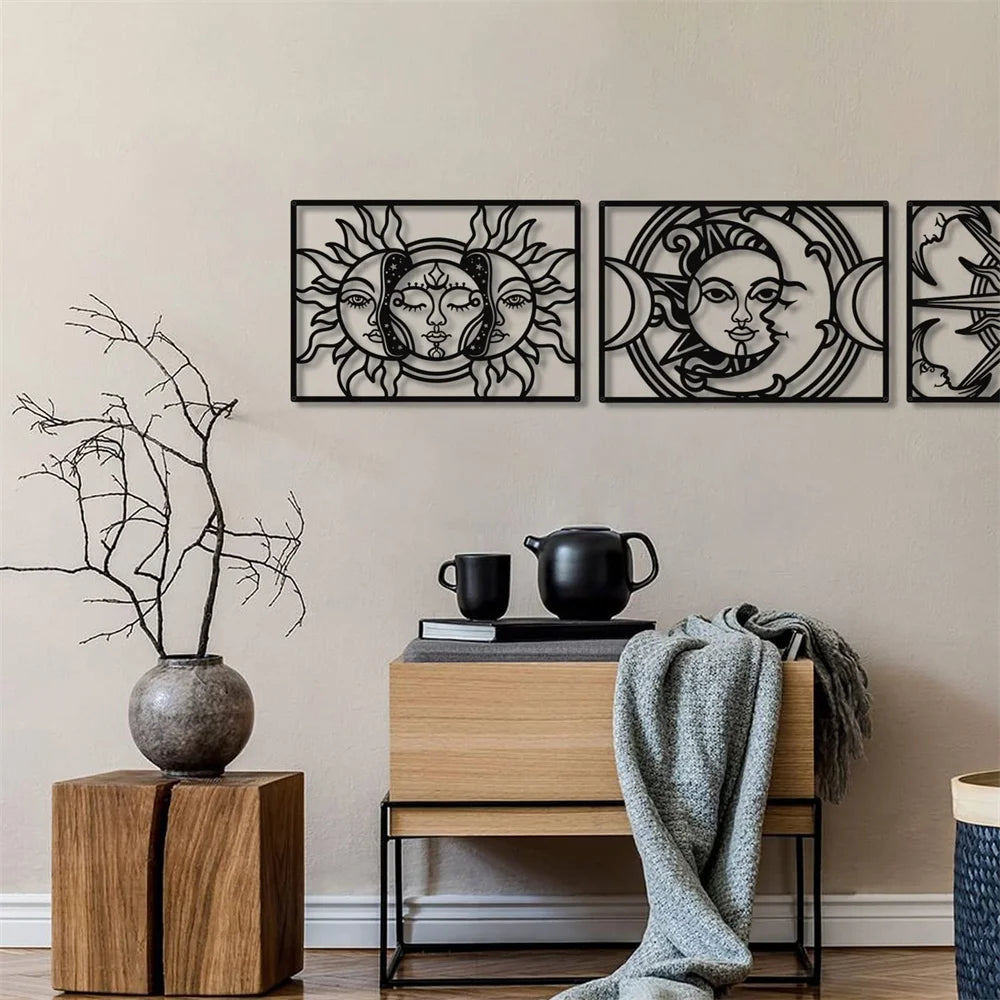 Moon Sun Black Metal Wall Art 3D Sculptured Iron Craft Wall Plaques For Living Room Dining Room Bedroom Modern Creative Inspirational Home Decor