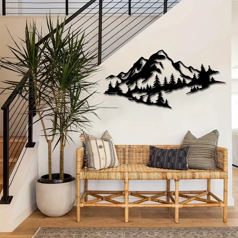 Mountain Landscape Black Metal Wall Art 3D Iron Craft Wall Mounted Art Installation For Living Room Dining Room Creative Nordic Home Decor