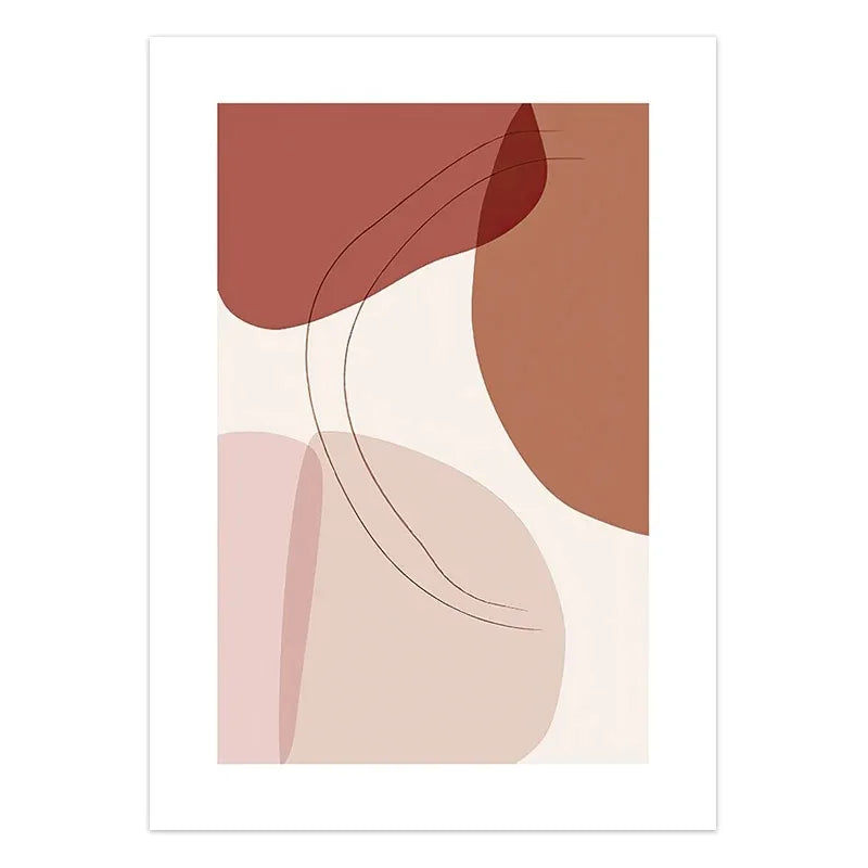 Abstract art print with curved shapes in brown and beige on a white background