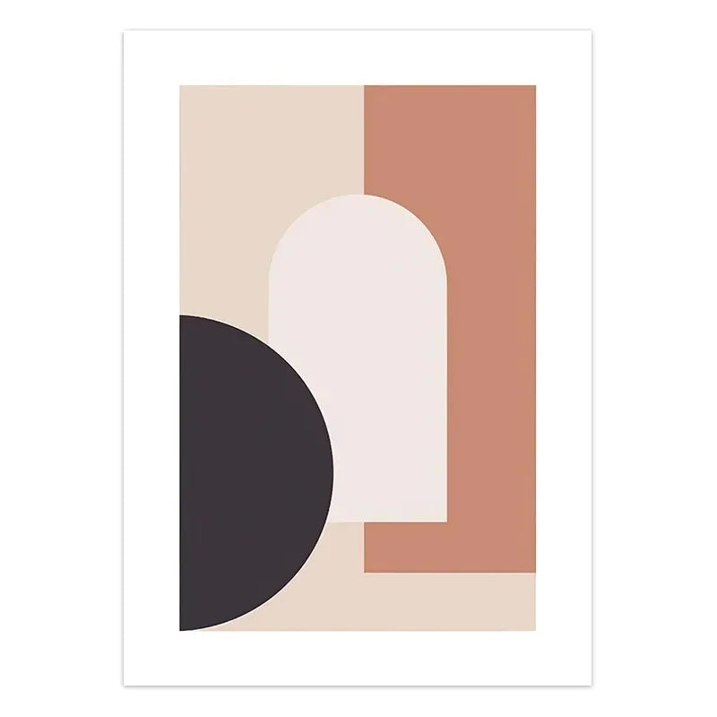 Geometric abstract design with shapes in black, white, and brown on a beige background