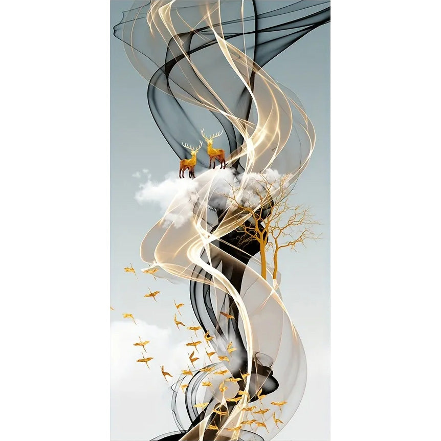 Mystical Golden Deer Flowing Landscape Wall Art Fine Art Canvas Prints Vertical Format Auspicious Nordic Pictures For Entrance Hall Decor