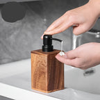 Natural Solid Wood Soap & Lotion Dispenser – Minimalist Rectangular Pump Bottle with Matte Black Hardware for Modern Bathroom/Kitchen