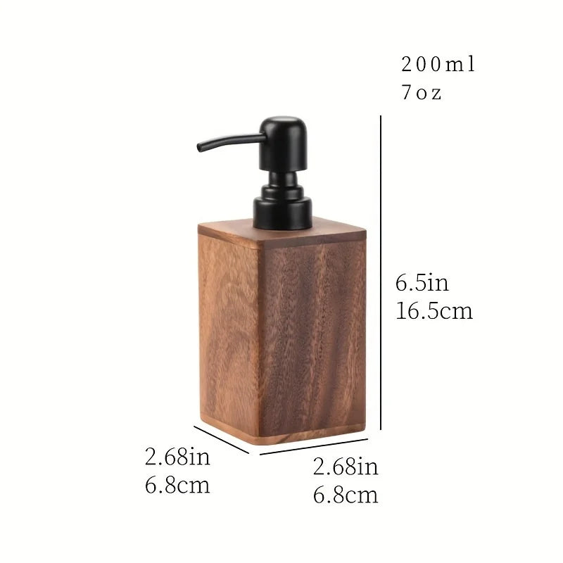 Natural Solid Wood Soap & Lotion Dispenser – Minimalist Rectangular Pump Bottle with Matte Black Hardware for Modern Bathroom/Kitchen
