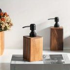 Natural Solid Wood Soap & Lotion Dispenser – Minimalist Rectangular Pump Bottle with Matte Black Hardware for Modern Bathroom/Kitchen