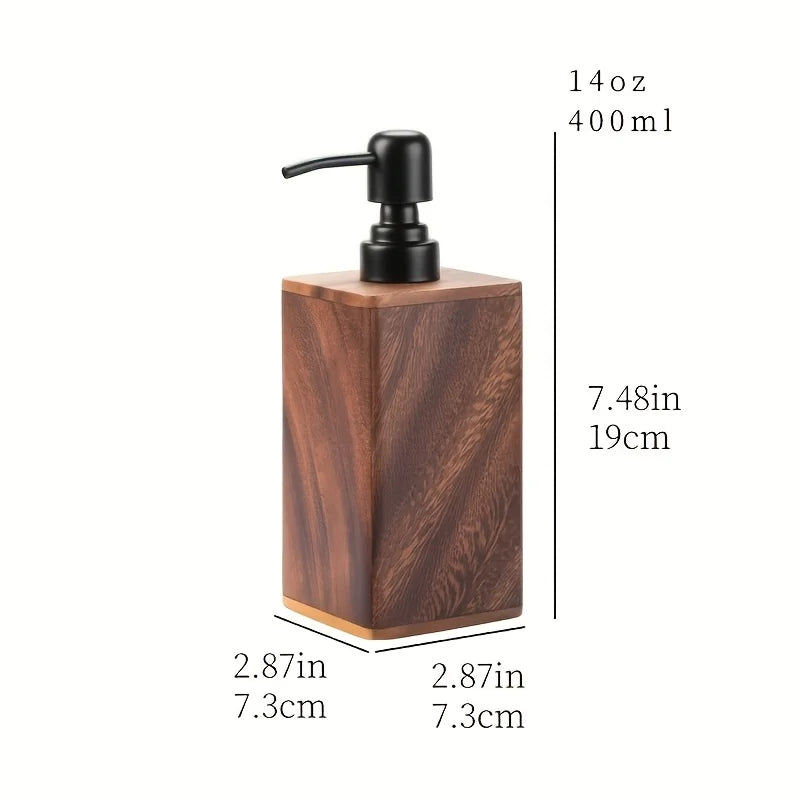 Natural Solid Wood Soap & Lotion Dispenser – Minimalist Rectangular Pump Bottle with Matte Black Hardware for Modern Bathroom/Kitchen