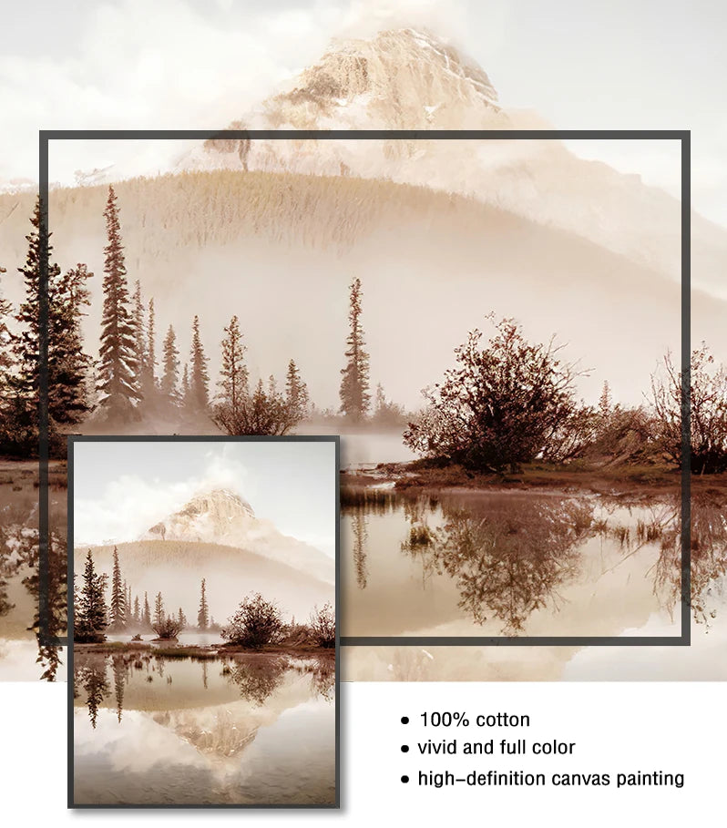 Framed landscape with mountain, trees, and lake, featuring text about canvas painting quality.