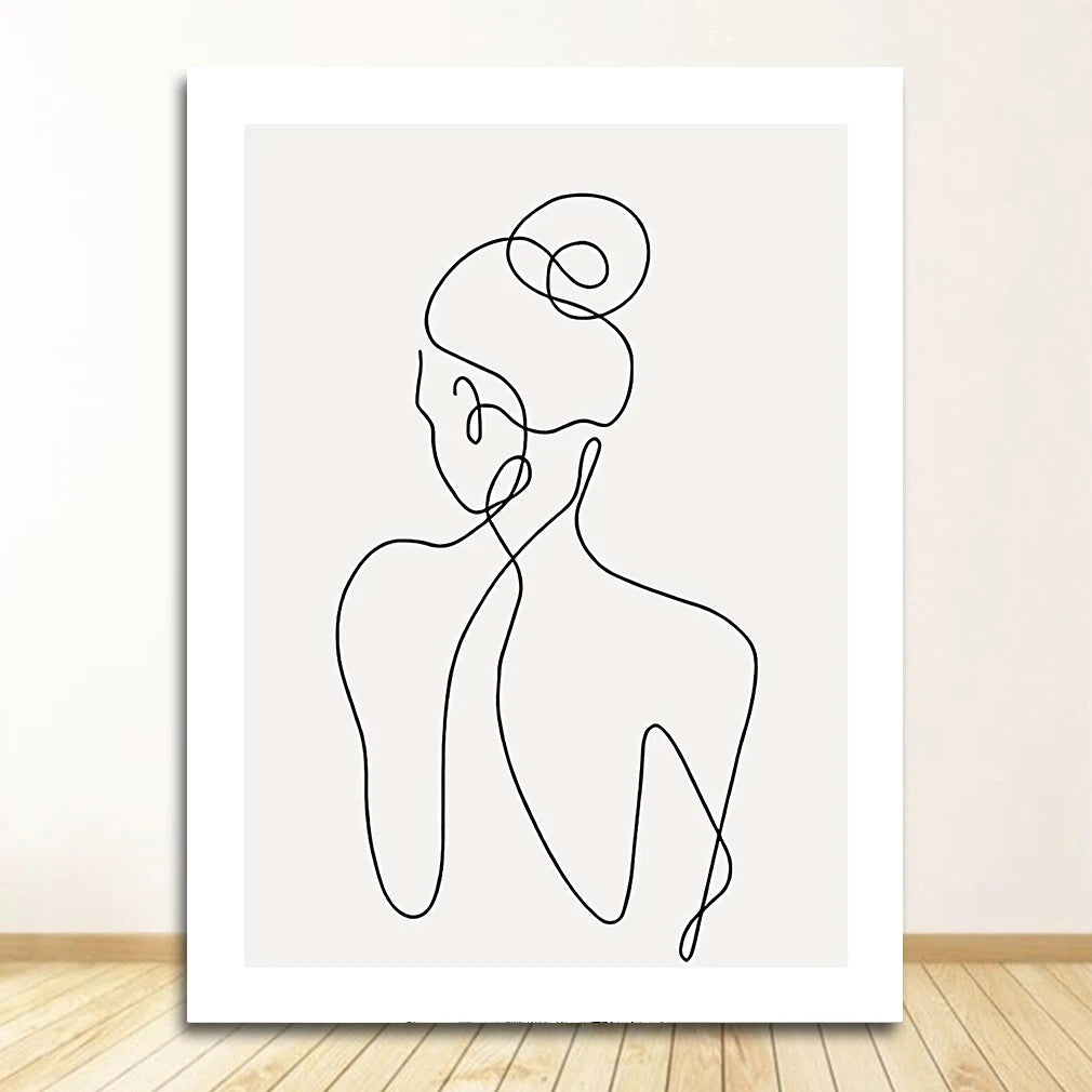 Minimalist line art of a woman on a white background