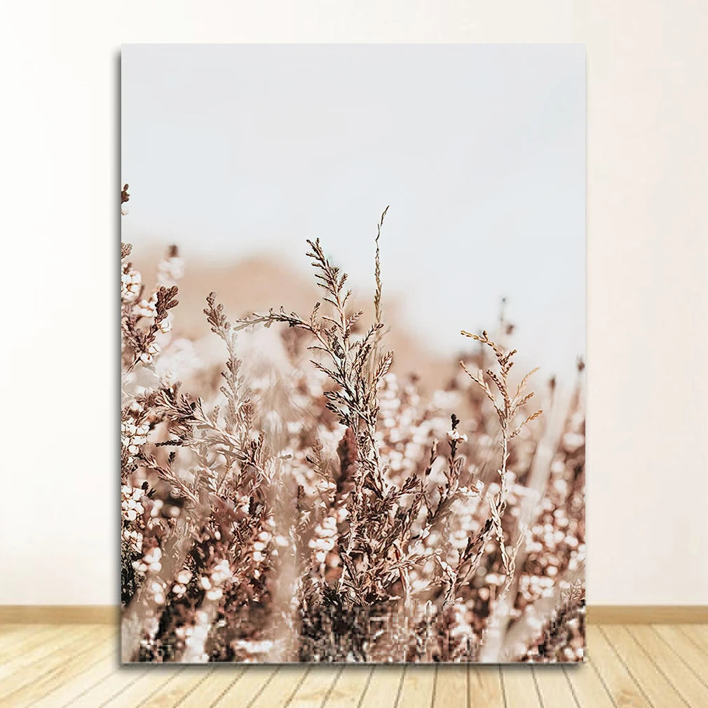 Canvas print of nature scene with plants and flowers on a wall.