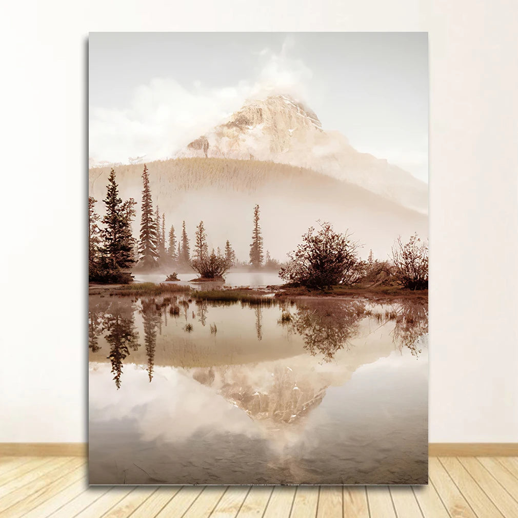 Mountains reflected in a lake with trees on a wall