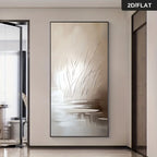 Abstract wall art on a beige wall with a modern interior setting