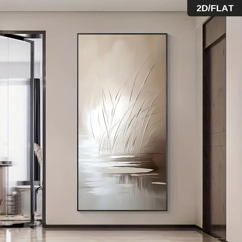 Abstract wall art on a beige wall with a modern interior setting