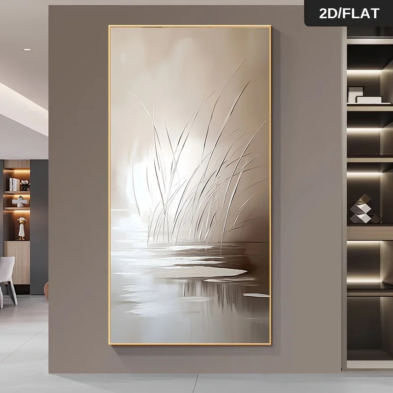 Abstract wall art with gold frame on a gray wall in a modern interior setting