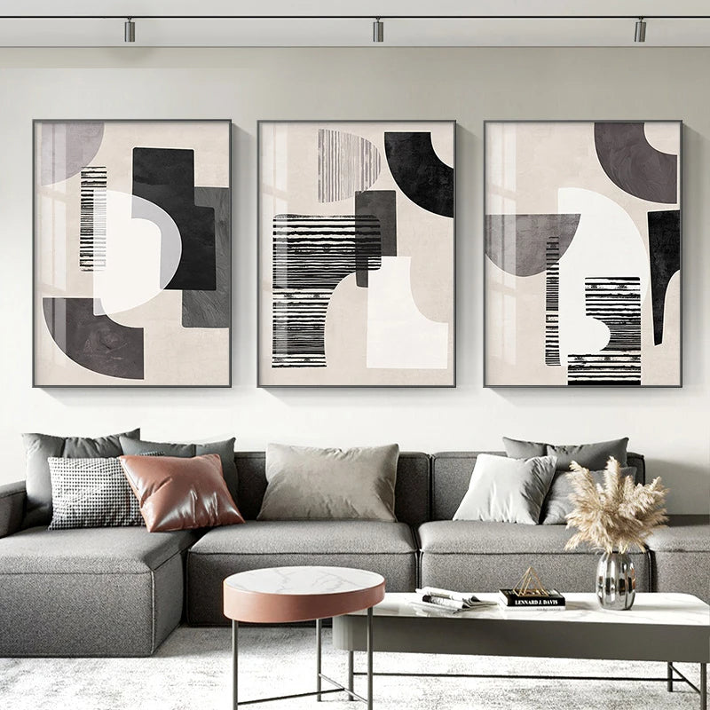 Neutral Black Beige Grey Abstract Geometric Wall Art Fine Art Canvas Prints Pictures For Living Room Bedroom Home Office Art For Modern Living