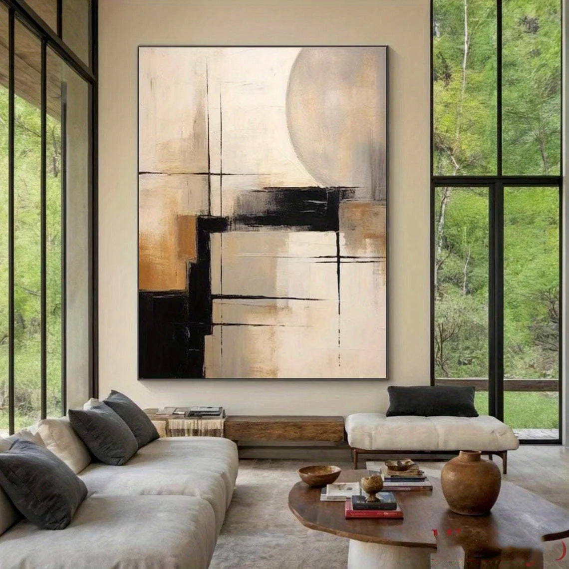 Modern living room with abstract painting on the wall and large windows showing greenery outside.
