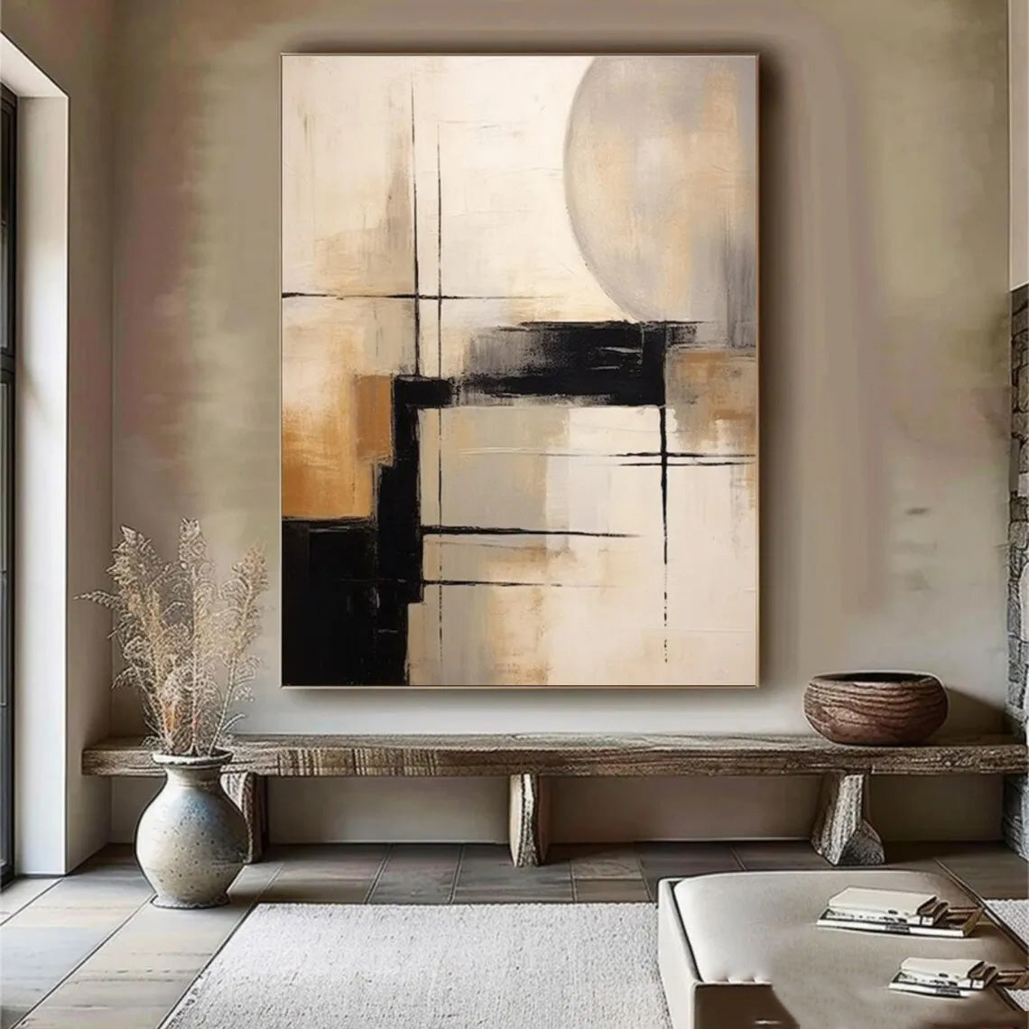 Abstract painting in a modern interior setting with a wooden bench and decorative items.