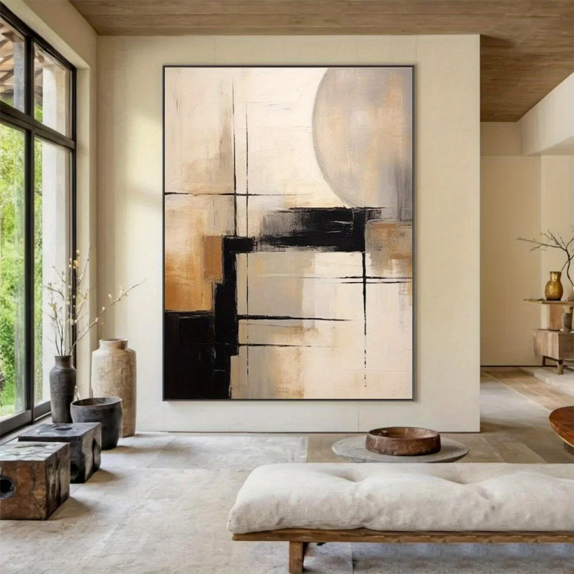 Abstract art painting in a modern living room setting