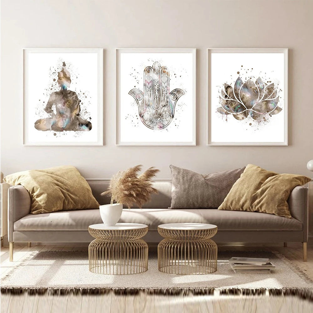 Neutral Colors Minimalist Mediation Posters Wall Art Fine Art Canvas Prints Lotus Flower Buddha Pictures For Yoga Studio Bedroom Living Room Art Decor