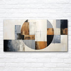 Abstract art piece with geometric shapes on a white brick wall