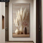 A vertical wall art print hanging in a hallway, showing three beige and brown vases with tall pampas grass and small dried stems against a light wood plank background. The print is labeled '2D/FLAT' in the top-left corner.