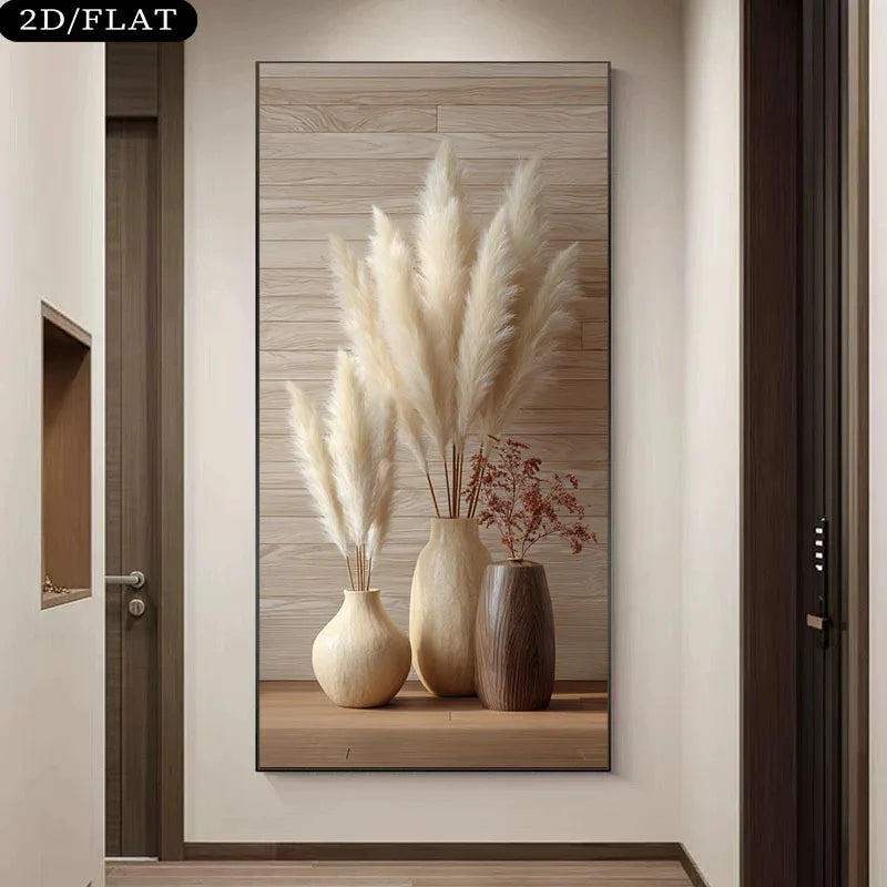 A vertical wall art print hanging in a hallway, showing three beige and brown vases with tall pampas grass and small dried stems against a light wood plank background. The print is labeled '2D/FLAT' in the top-left corner.