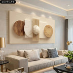 Modern living room with a decorative wall art piece above a sofa.