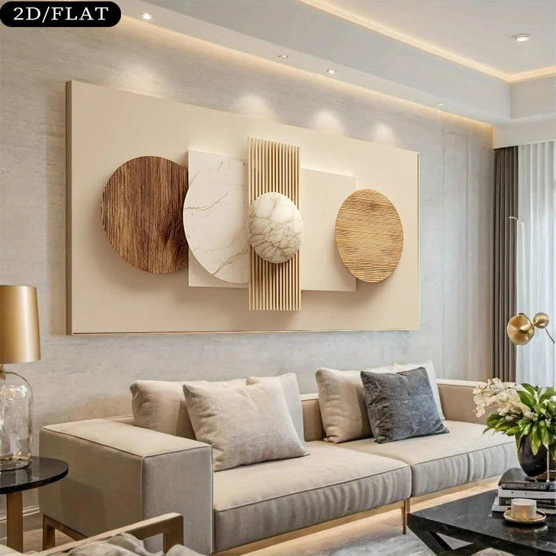 Modern living room with a decorative wall art piece above a sofa.