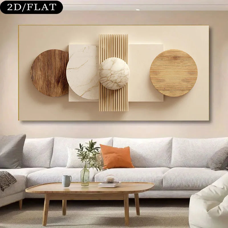 Modern living room with a decorative wall art piece above a sofa.