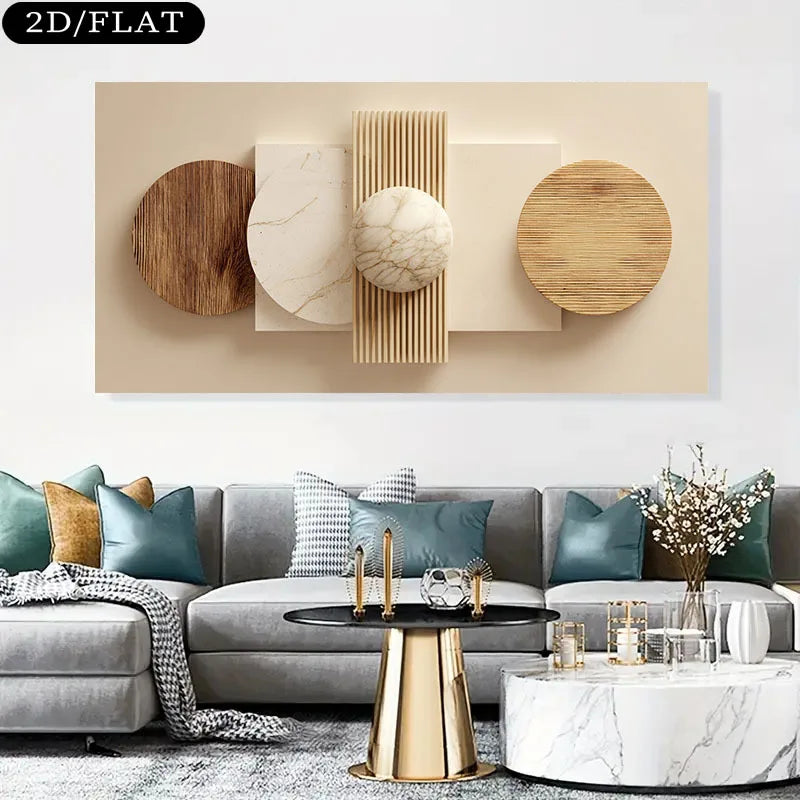 Modern living room with a gray sofa, decorative pillows, and a wall art piece.