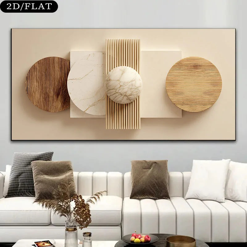 Abstract wall art above a white sofa with decorative pillows in a modern living room.
