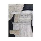 Abstract art piece with geometric shapes in black, white, and gray on a white background