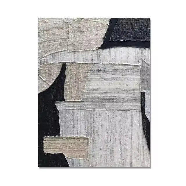 Abstract art piece with geometric shapes in black, white, and gray on a white background