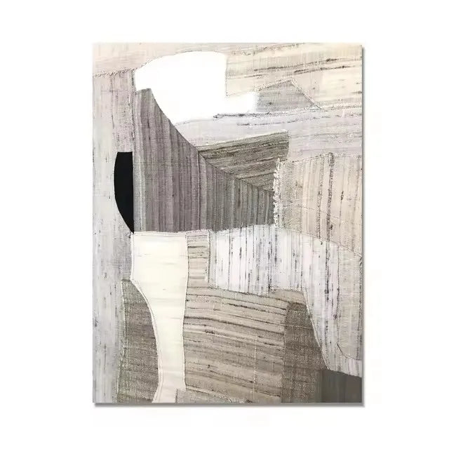 Abstract art piece with geometric shapes in neutral colors on a white background