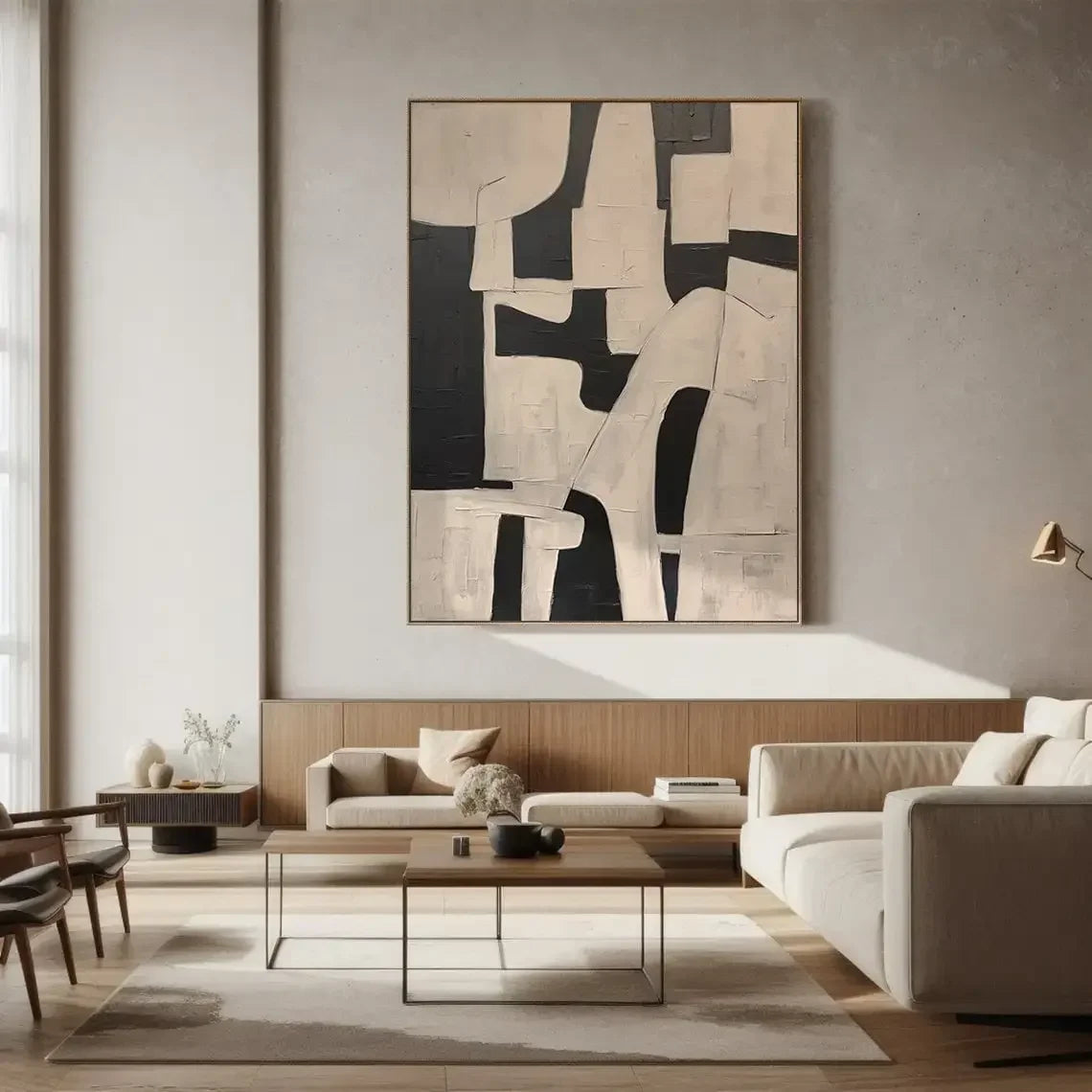 Modern living room with abstract art on the wall