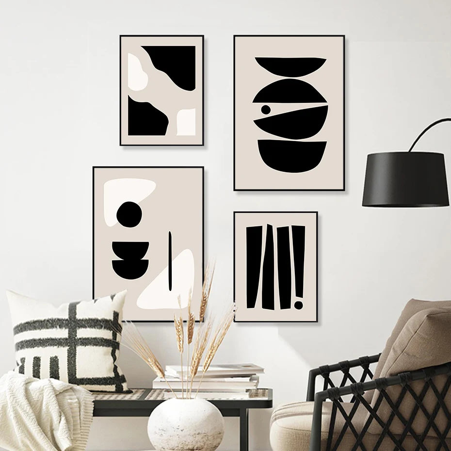Modern living room with abstract black and white wall art
