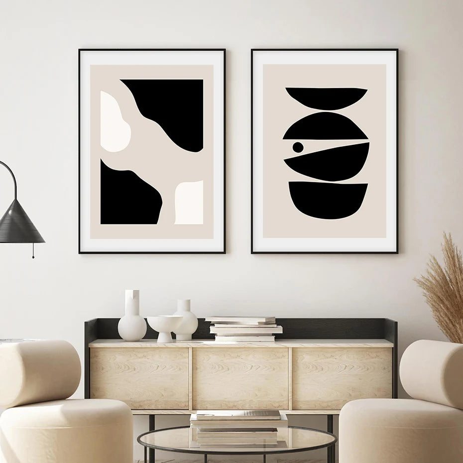 Modern living room with abstract wall art and minimal decor