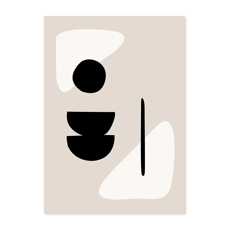 Abstract art print with black and white shapes on a beige background