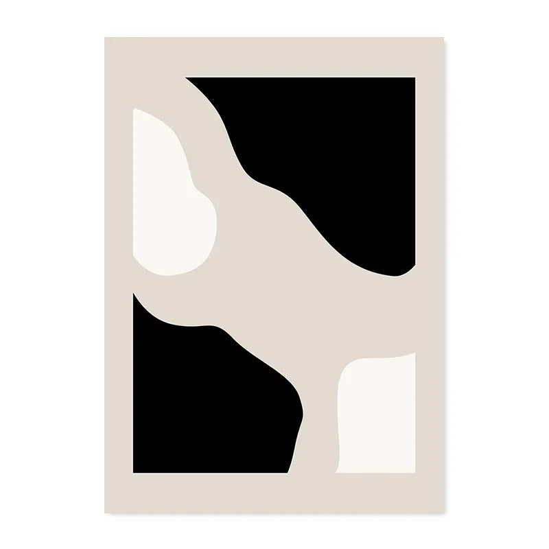 Abstract art print with black and white shapes on a beige background