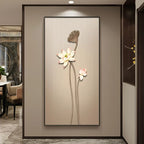 Decorative wall art of flowers on a beige wall in a modern interior setting.