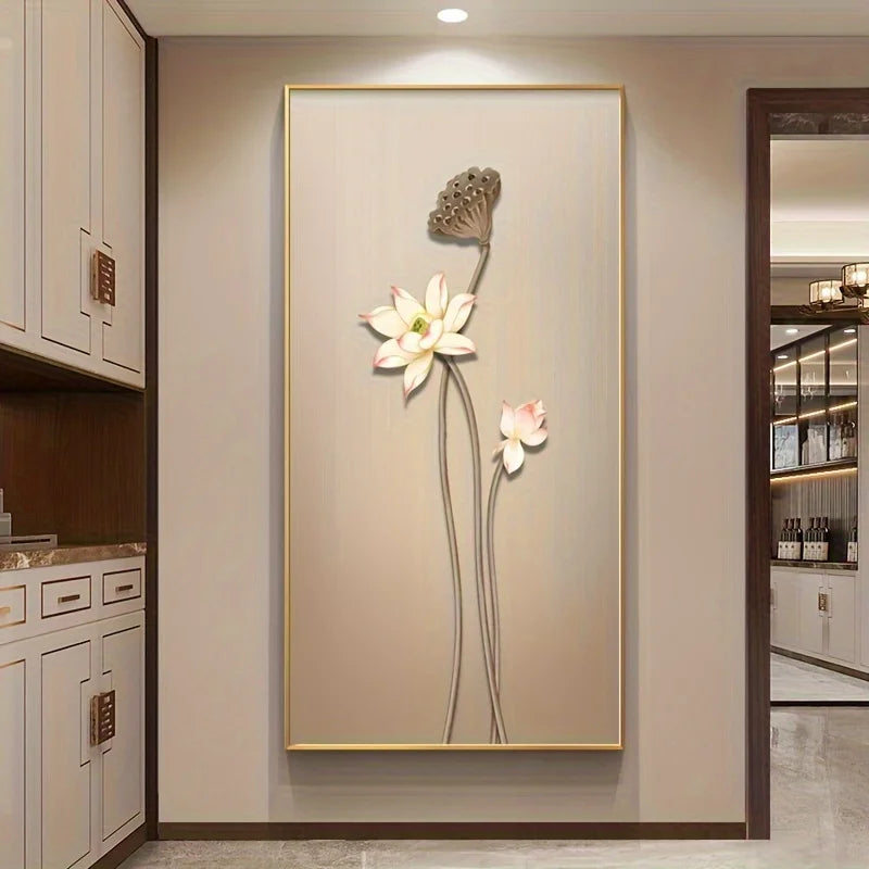 Decorative wall art of a flower on a beige wall in a modern interior setting.