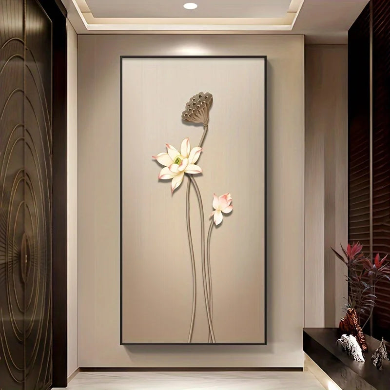 Decorative wall art with floral design on a beige wall in a modern interior setting.