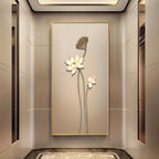 Decorative wall art of flowers in a modern elevator interior