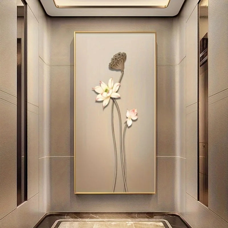 Decorative wall art of flowers in a modern elevator interior