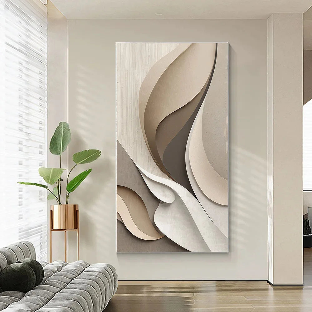 Modern living room with abstract wall art and a plant