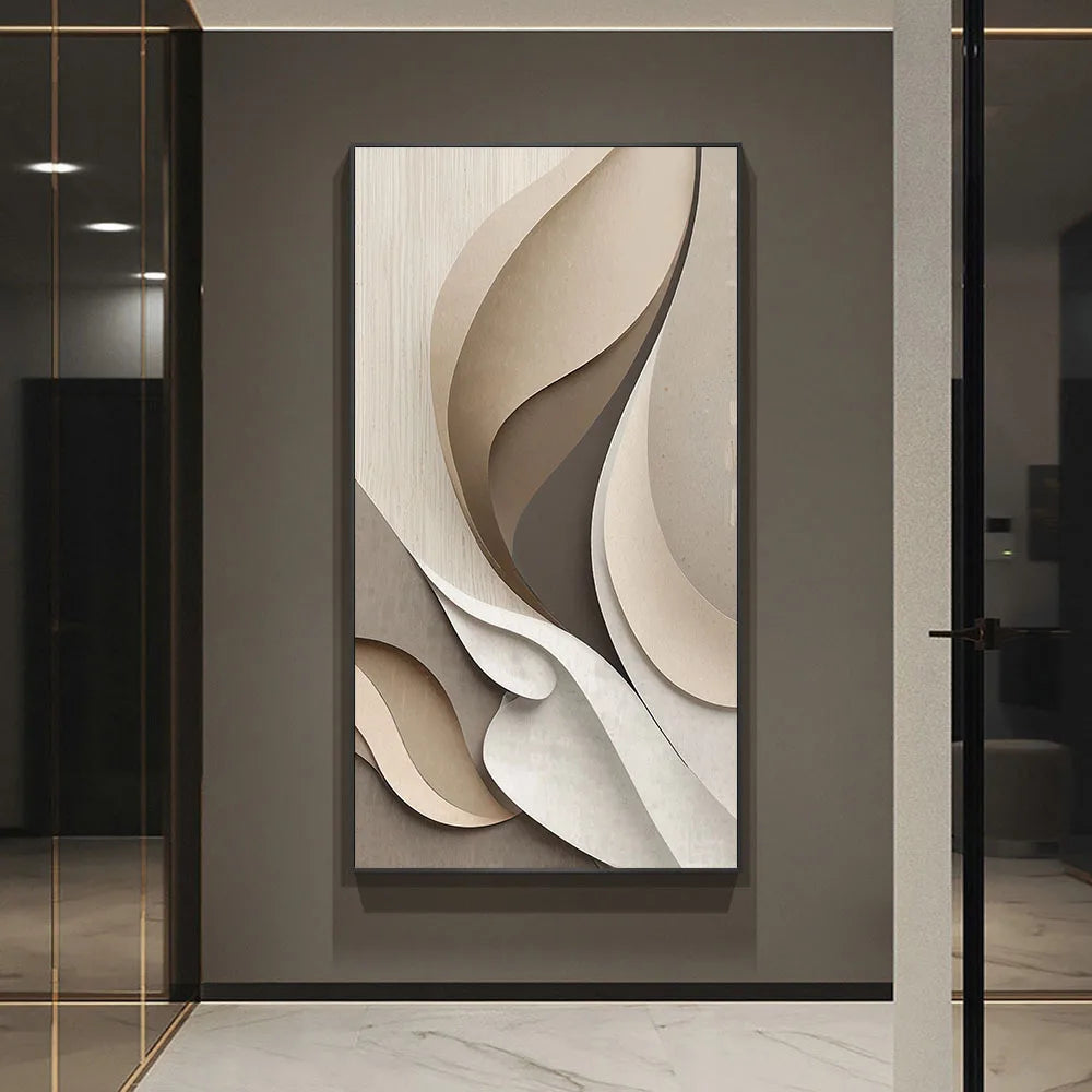 Abstract wall art piece on a gray wall in a modern interior setting.