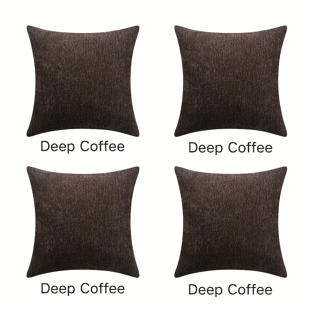 Four square pillows labeled 'Deep Coffee' on a white background