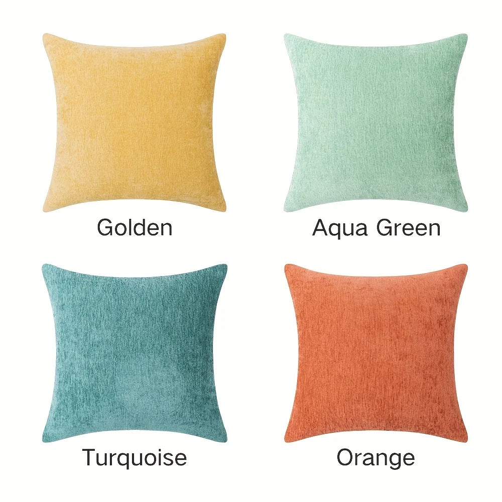 Four square pillows in different colors with labels on a white background
