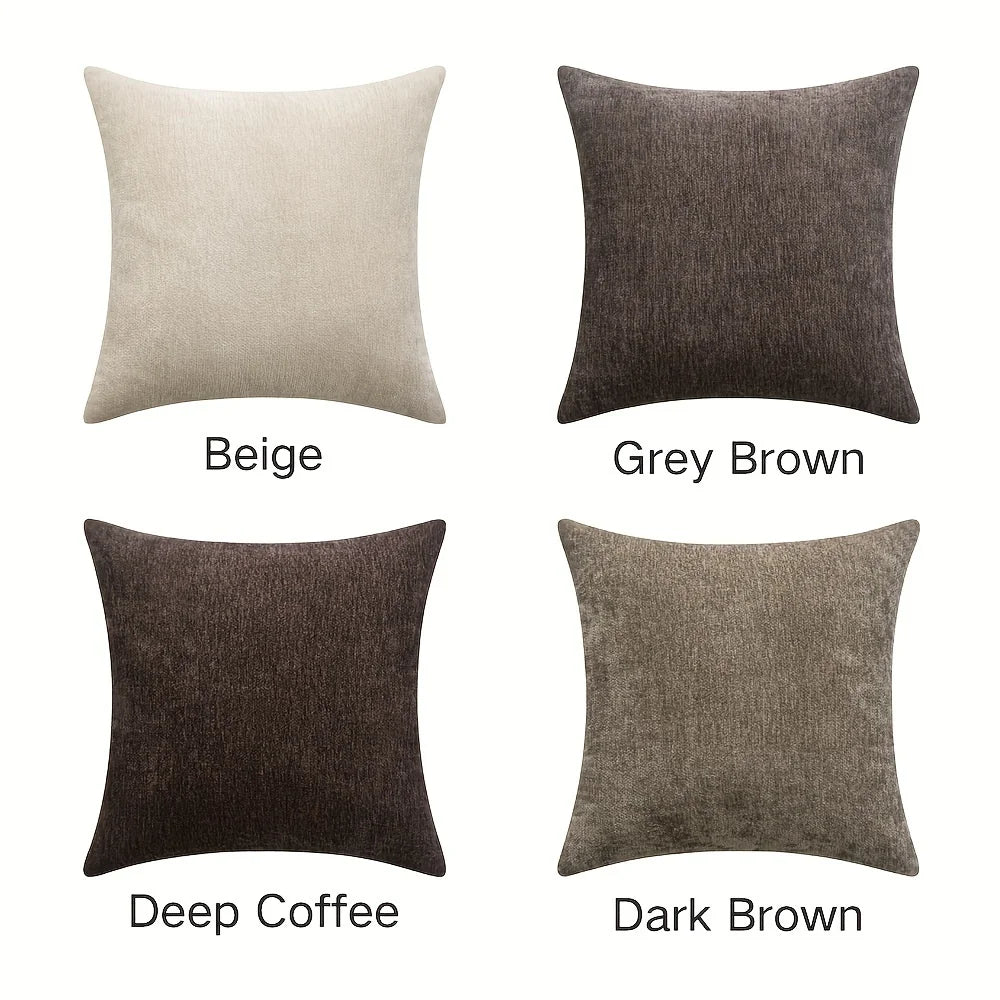 Four square pillows in beige, grey brown, deep coffee, and dark brown on a white background.