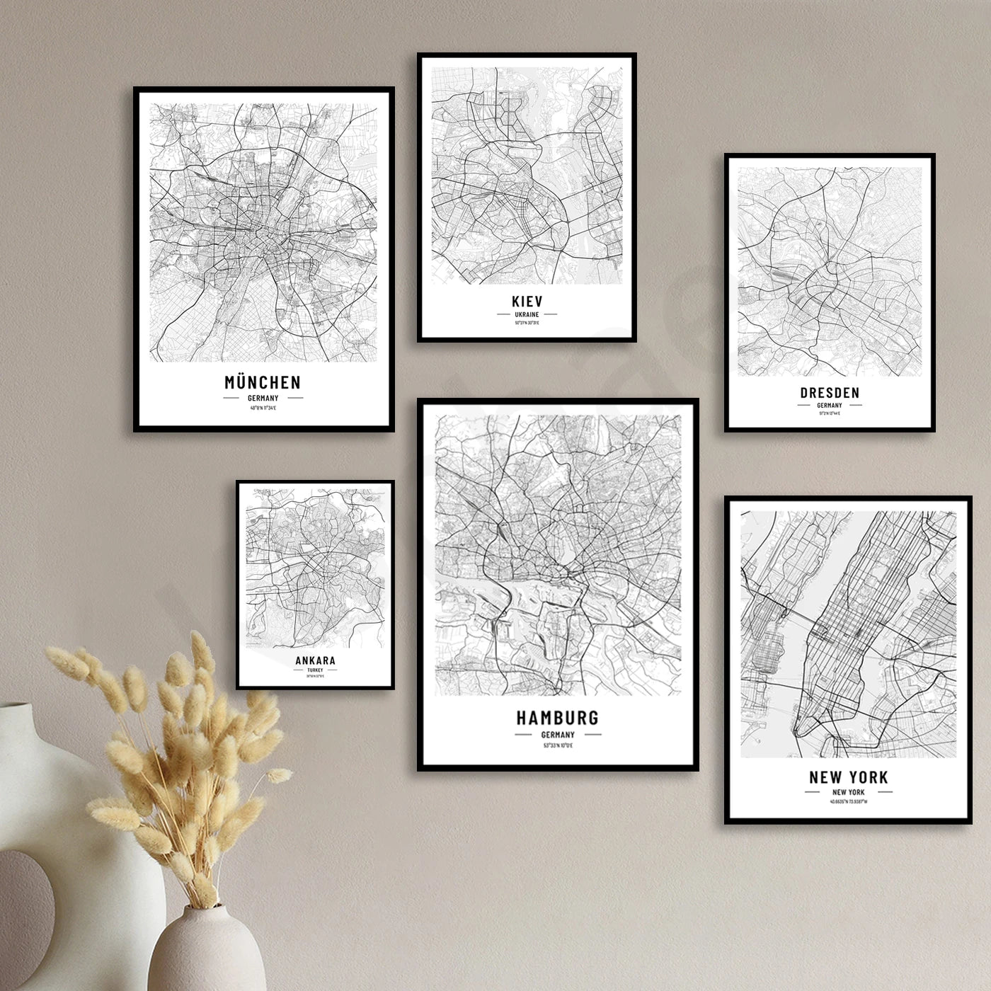 New York, Kiev, Hamburg, Berlin, Munich, Lisbon, Cologne, Dresden, Ankara, Las Vegas City Map Posters Wall Art Black White Fine Art Canvas Prints Stylish Minimalist Posters For Home/Office 2025