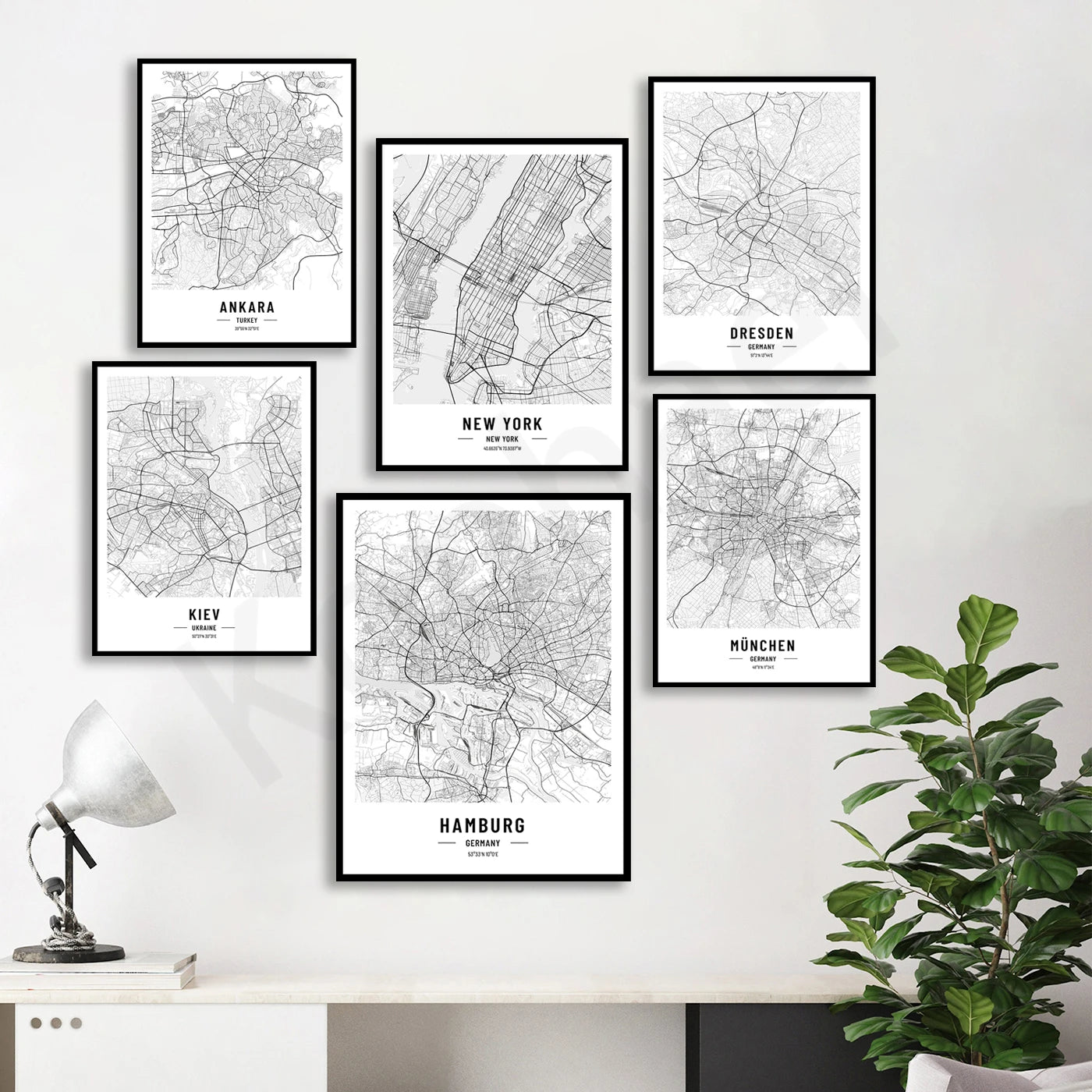 New York, Kiev, Hamburg, Berlin, Munich, Lisbon, Cologne, Dresden, Ankara, Las Vegas City Map Posters Wall Art Black White Fine Art Canvas Prints Stylish Minimalist Posters For Home/Office